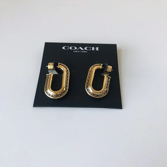 Coach Large Stitched Chain Link Gold Earrings, NWT - Picture 4 of 16